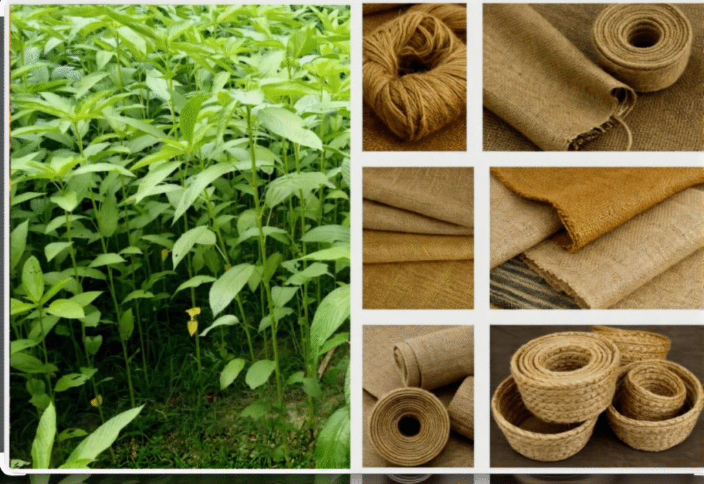 Golden jute plants harvested in a Bangladeshi field with various finished jute products like shopping bags, rugs, and promotional totes in the foreground.