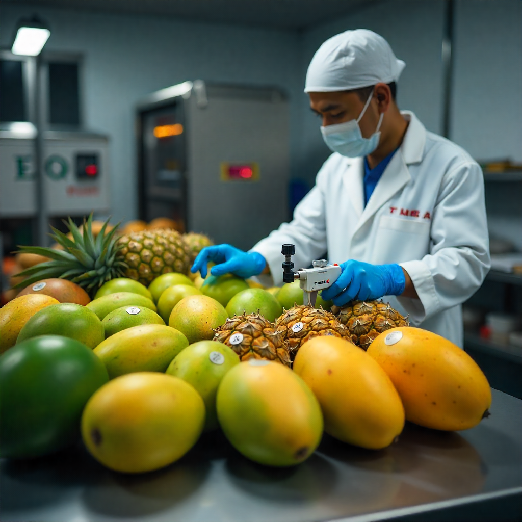 Quality inspection of Bangladesh export fruits with tools measuring size, weight, and Brix for global export quality