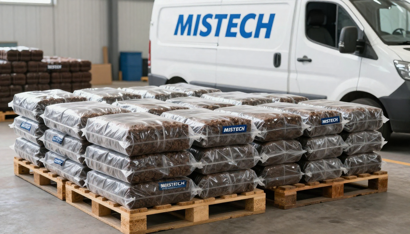 Coco peat blocks unloading from covered van with MISTECH branding for agriculture use