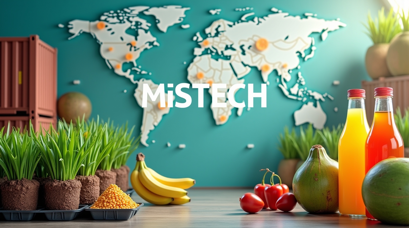 MISTECH showcasing coco peat, G-9 banana plants, date palm plants, fresh fruits and vegetables, and CocoCane local agro products