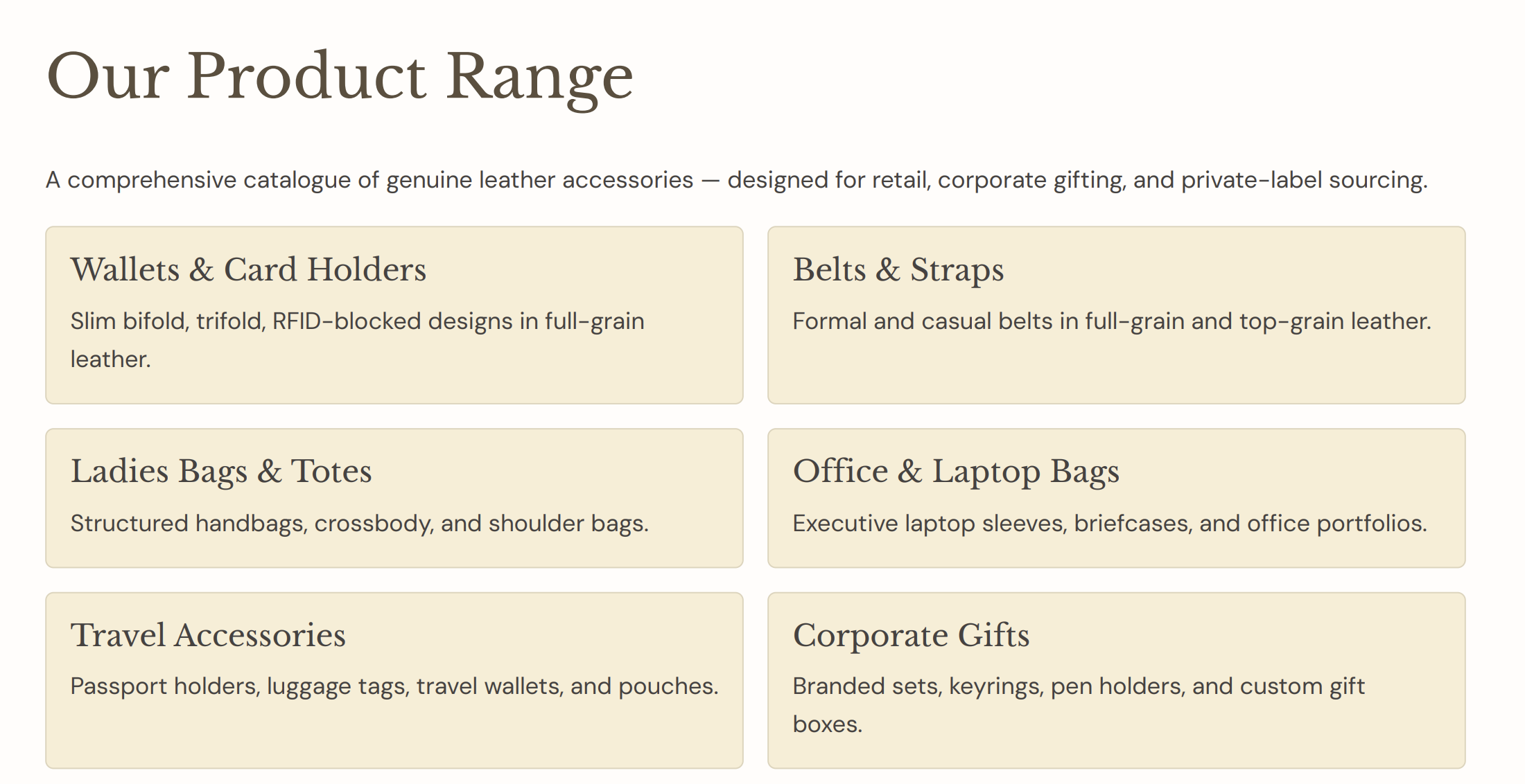 Comprehensive collection of MISTECH Leather Works genuine leather products including wallets, belts, ladies bags, office bags, travel accessories, and corporate gift items