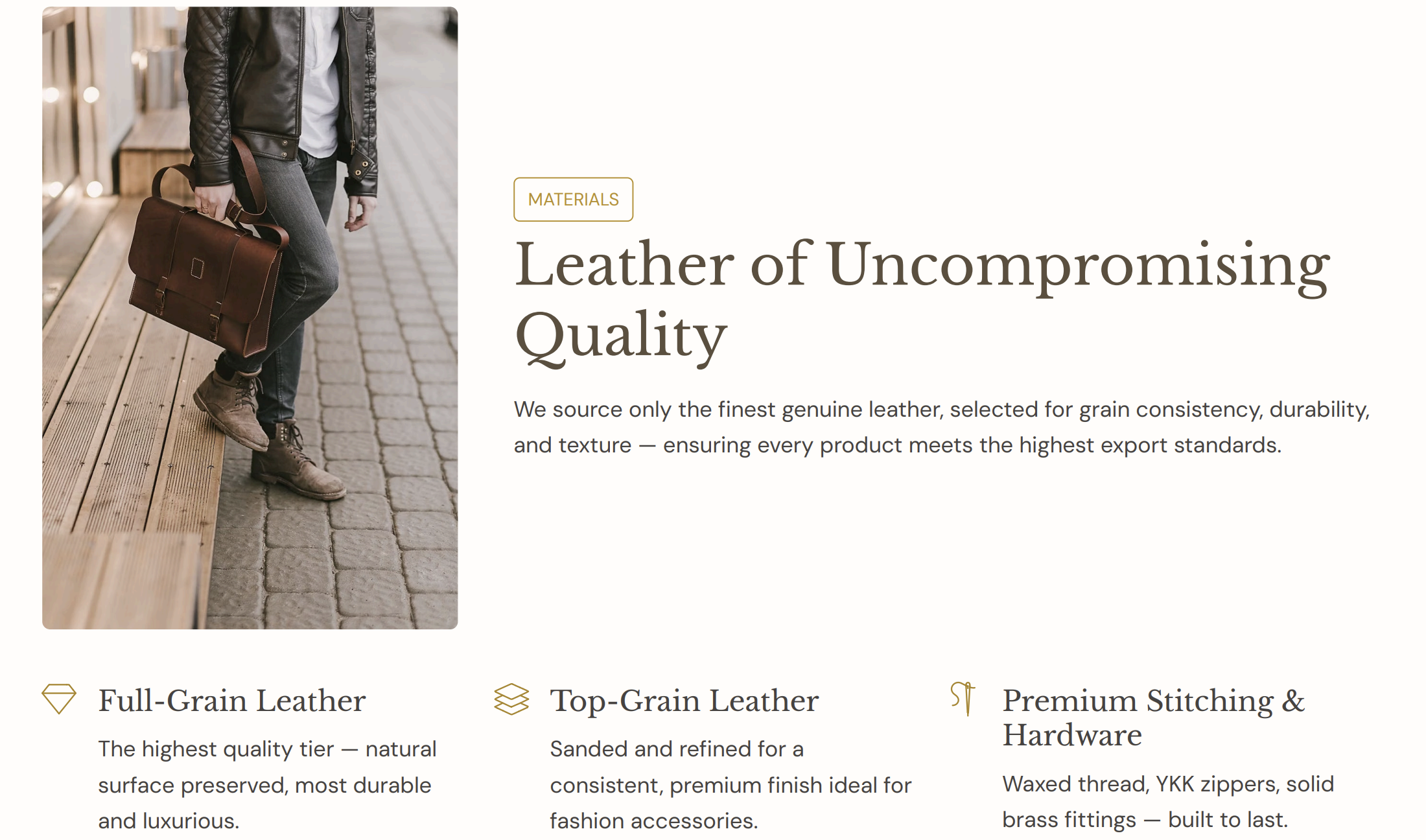 Display of full-grain and top-grain genuine leather with premium stitching and hardware used in MISTECH Leather Works export-quality accessories