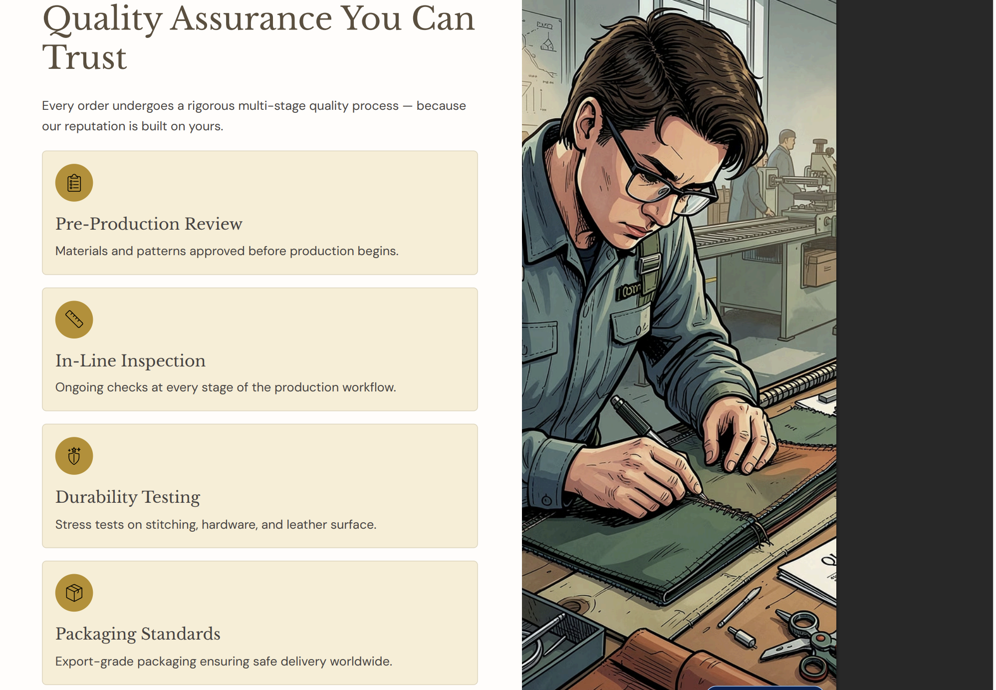 Multi-stage quality assurance process at MISTECH Leather Works including pre-production review, in-line inspection, durability testing, and export-grade packaging for leather goods