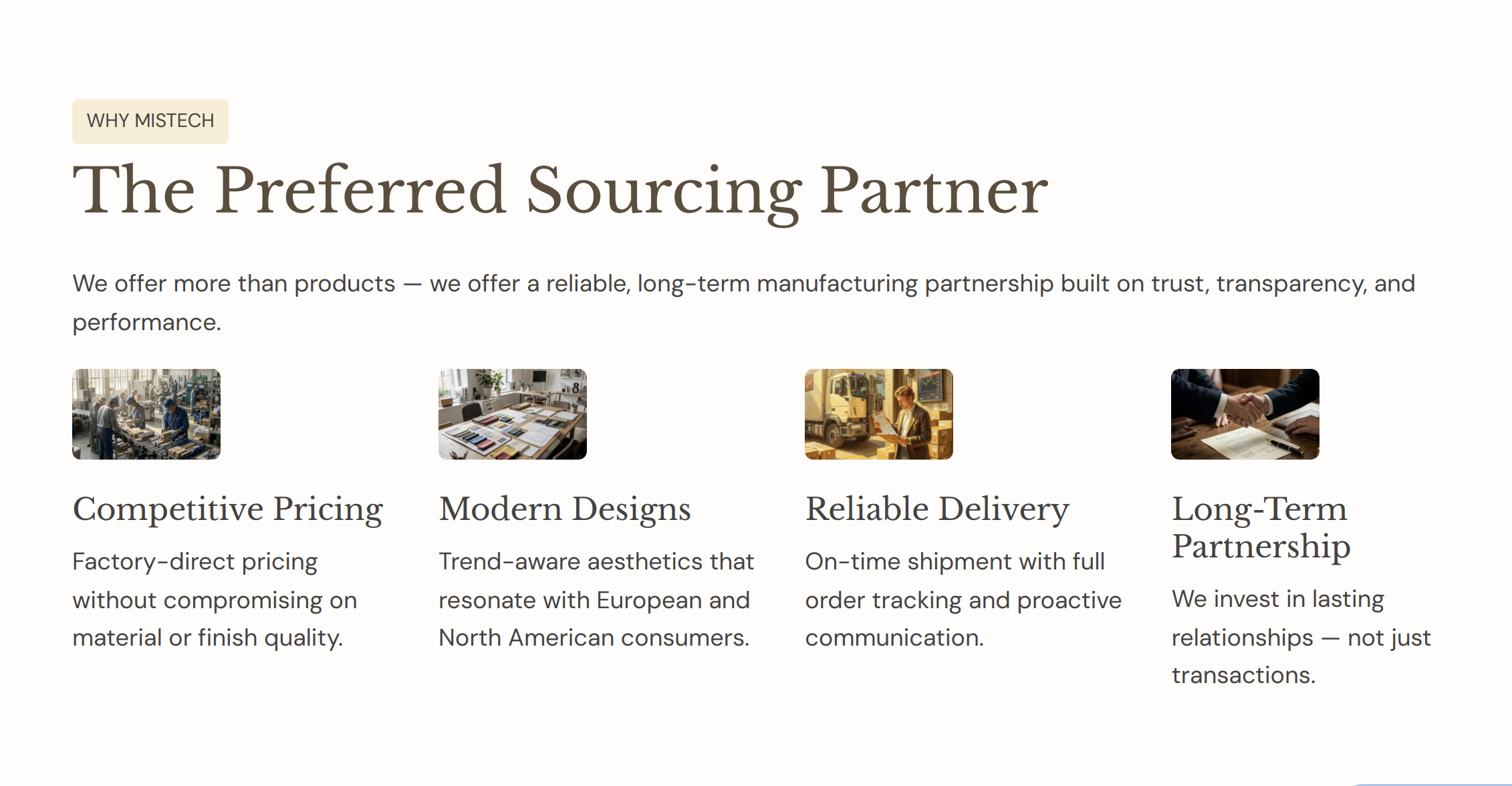 MISTECH Leather Works offering reliable long-term manufacturing partnership with competitive pricing, modern leather designs, and on-time global delivery services