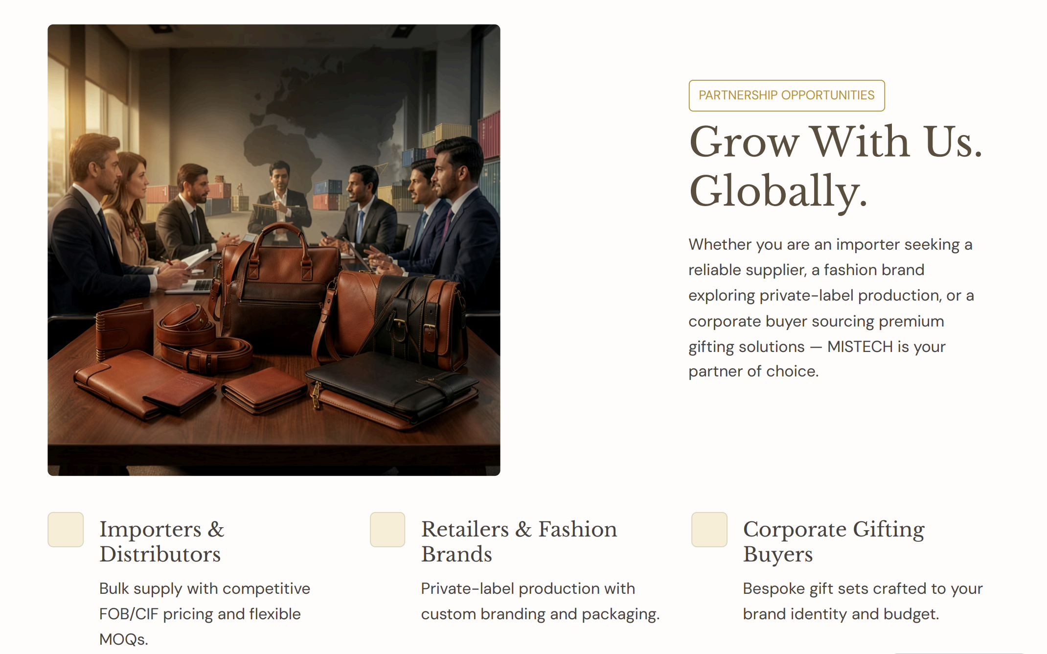 MISTECH Leather Works partnership opportunities for importers, distributors, fashion brands, and corporate buyers offering private label leather goods and bulk export supply